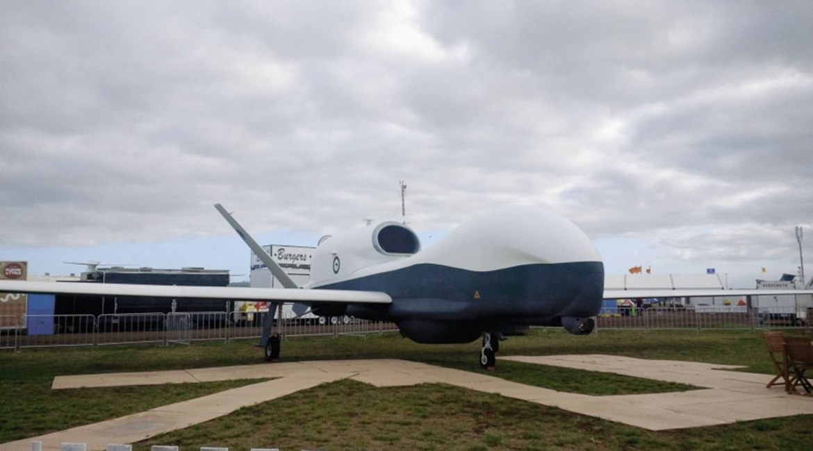 A mockup of the Northrop Grumman MQ-4C Triton UAV in RAAF colours at Avalon 2015. Australia plans to field six such vehicles by 2025.