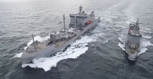 The Royal New Zealand Navy's new oiler, 
        
        , conducting replenishment trials with the Philippine Navy's new frigate, 
        
        off the coast of South Korea.