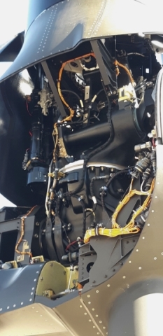 A close-up of one of Bell’s V-280 tiltrotor nacelles on 8 Jan 2020. Bell designed the nacelle, using digital thread and digital twin tools, so maintainers could remove and replace components easily. (Janes/Pat Host)