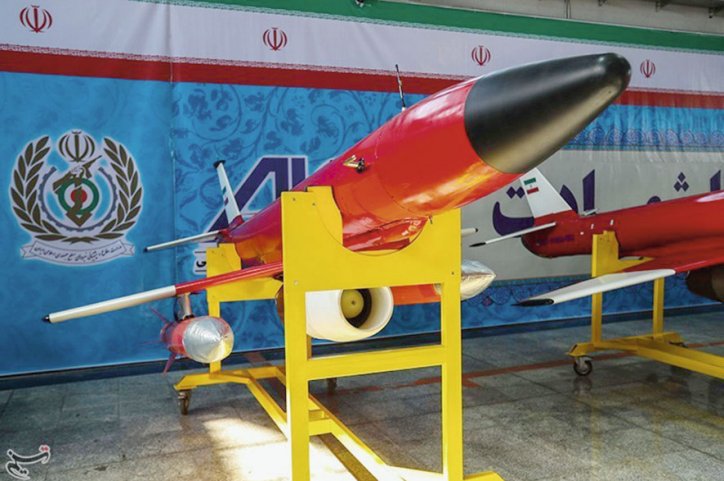 One of the turbojet-powered target drones was displayed with payloads under both wings. (Tasnim News Agency)