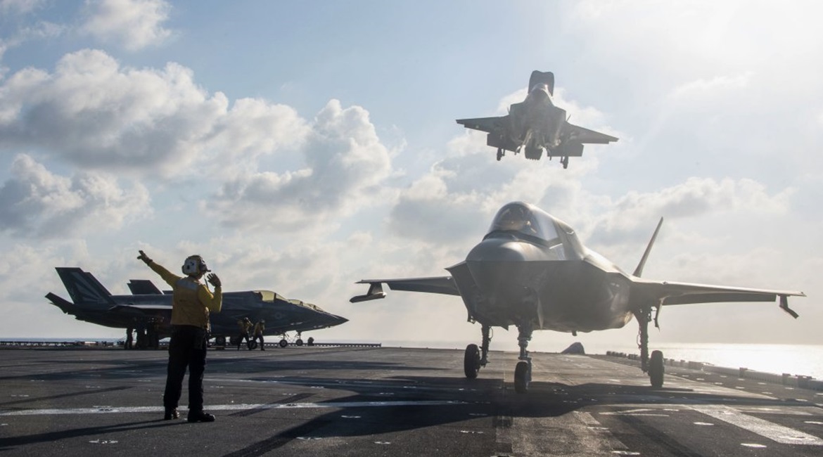 A F-35B assigned to the 31st Marine Expeditionary Unit, Marine Medium Tiltrotor (VMM) 265 (Reinforced), lands on the flight deck of amphibious assault ship USS America (LHA 6) on 19 April 2020. The Pentagon is expecting a three-month slowdown in major ...
