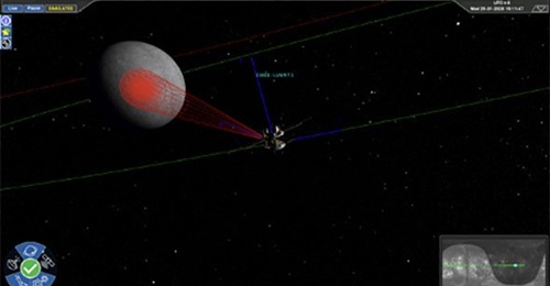 A depiction of a satellite in lunar orbit imaging the lunar surface.