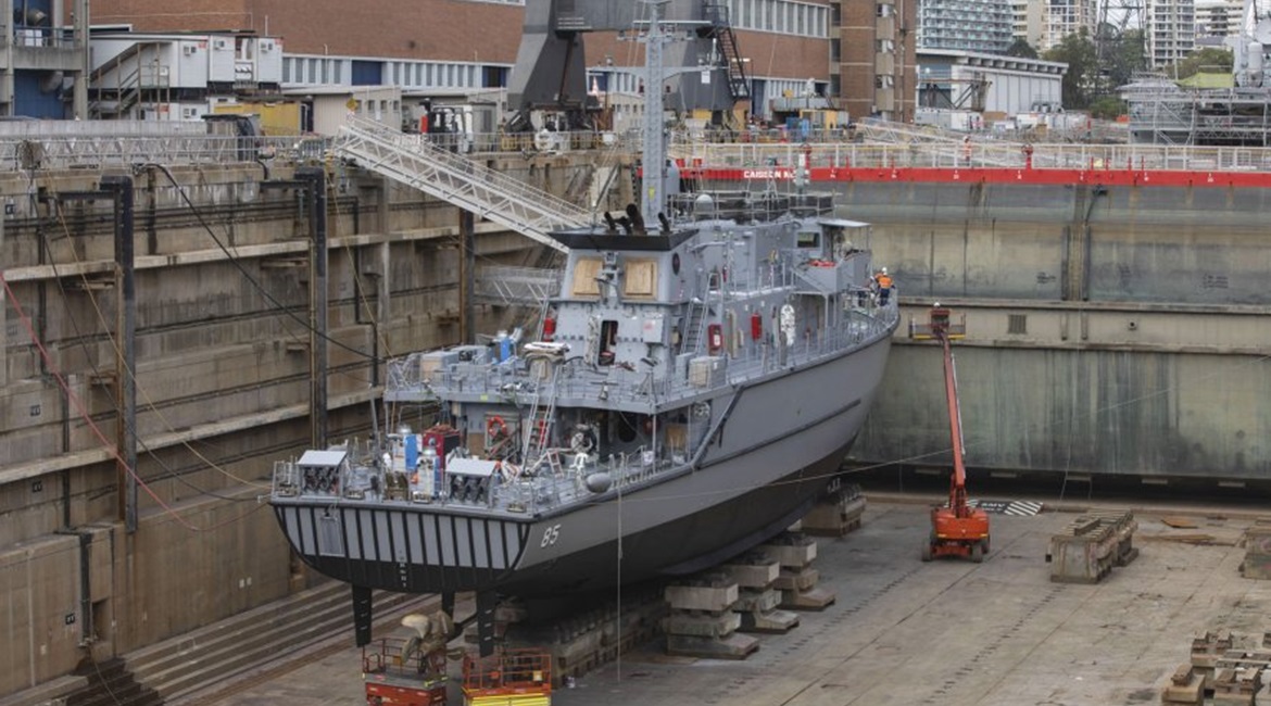 Huon-class minehunter HMAS 
        
         undergoing a refit in the Captain Cook Graving Dock at Garden Island, Sydney following a recent deployment.