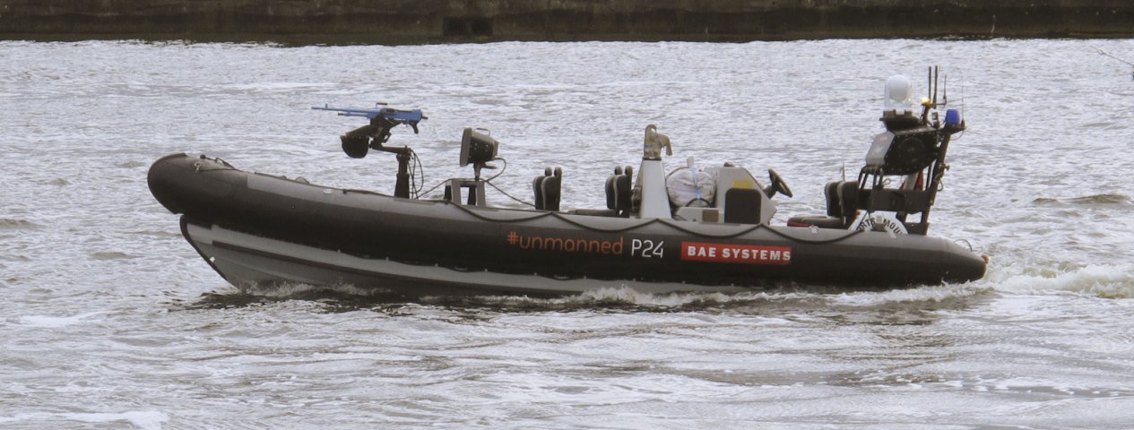 The Pacific 24 USV conversion was shown at the DSEI 2019 exhibition in London. (Richard Scott/NAVYPIX)