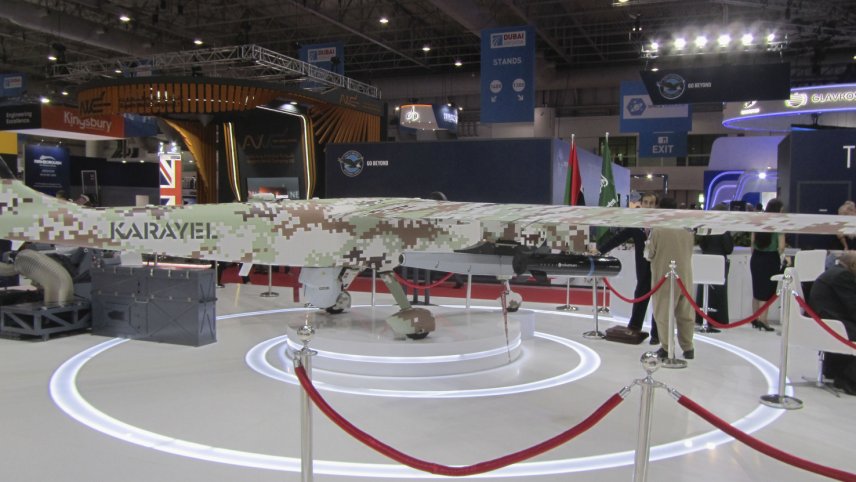 The Karayel UAV on display at the 2019 Dubai Airshow. (Jane’s/Charles Forrester)