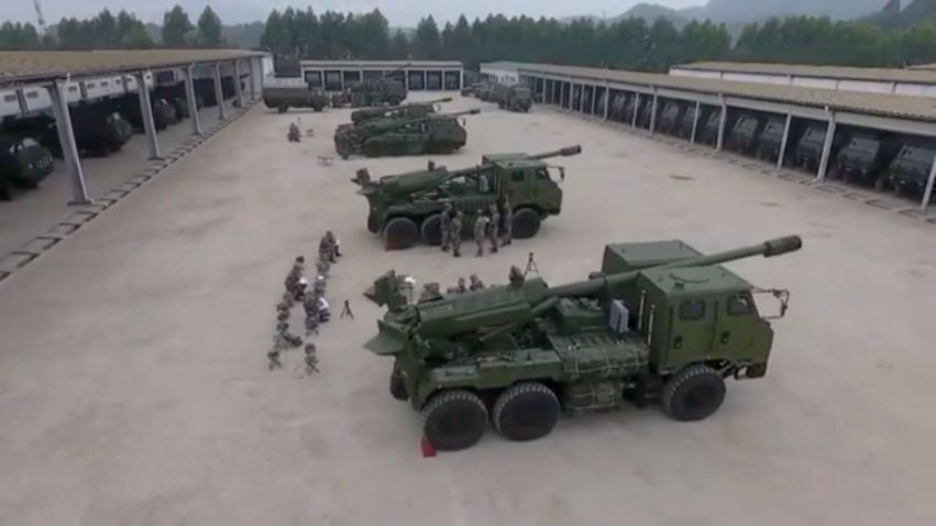 A screengrab from a CCTV 7 report shows several PLC-181 SPHs operated by an artillery brigade in the PLA's Eastern Theatre Command. (CCTV 7)
