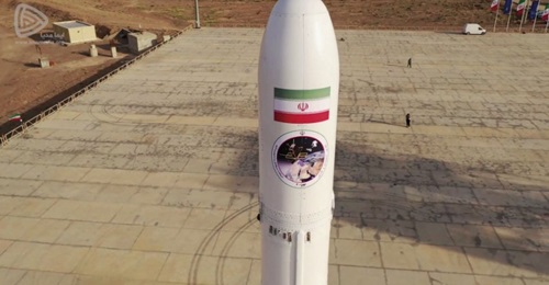 A still from footage of Iran's Noor-1 satellite launch on 22 April 2020 shows the Qased rocket had an image of what appeared to be a 6U CubeSat on it.