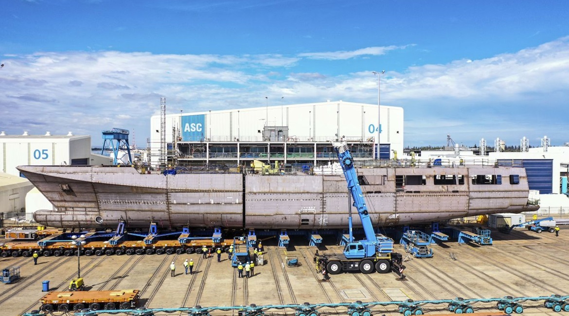 The first Arafura-class OPV being formed up at Osborne Naval Shipyard