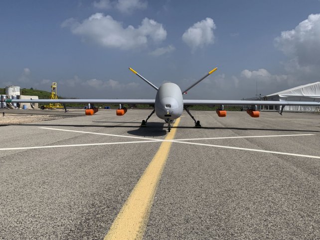 Elbit Systems has introduced a long-range maritime rescue capability with Hermes 900 Maritime Patrol UAV. Four six-person life-rafts can be seen on underwing hardpoints. (Elbit Systems)