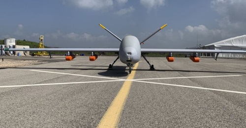 Elbit Systems has introduced a long-range maritime rescue capability with Hermes 900 Maritime Patrol UAV. Four six-person life-rafts can be seen on underwing hardpoints.