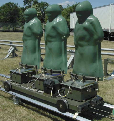 A multi-target moving infantry target (MIT) consisting of three stationary infantry target (SIT) lifters mounted on the MIT carrier.