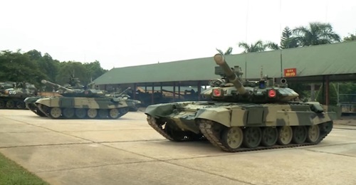 A screengrab from QPVN video footage released on 12 May showing VPA T-90S/SK MBTs equipped with the Shtora-1 active protection system.