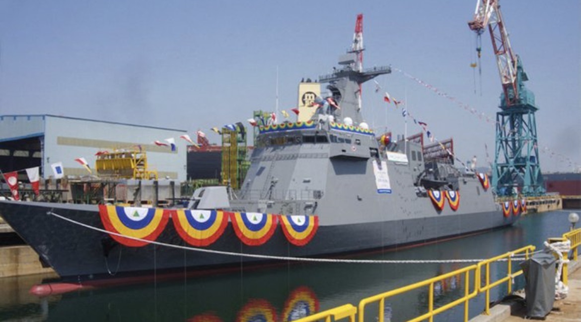The first of two José Rizal-class frigates seen here shortly after being launched in Ulsan on 23 May 2019.
