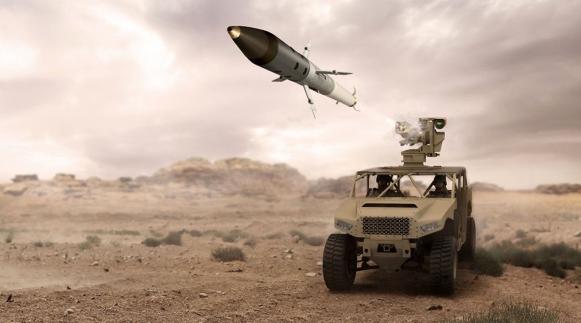 Artist's rendering of an APKWS II launch from an Arnold Defense Land-LGR4 'Fletcher' 2.75-inch/70 mm laser-guided rocket launcher for ground vehicles.