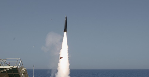 One of the two LORAs is launched from a wheeled launcher embarked on the civilian ship used for the test.