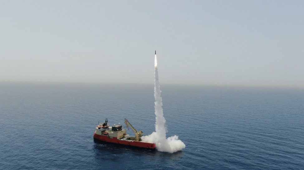 An Israel Aerospace Industries LORA surface-to-surface missile is launched in the Mediterranean during a dual firing demonstration on 31 May.