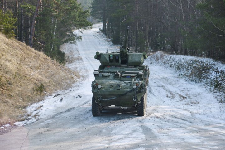 US soldiers with 4th Squadron, 2nd Cavalry Regiment conduct a live fire exercise using the 30 mm Stryker Infantry Carrier Vehicle-Dragoon at the 7th Army Training Command's Grafenwoehr Training Area, Germany, in February 2018. The service is in the midst of a competition to decide which vendor will outfit the vehicles with the XM813 cannon but has announced a fielding delay.