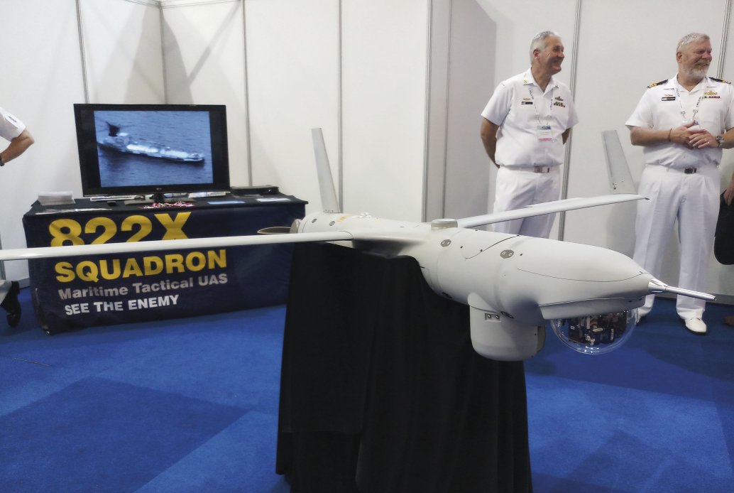 The ScanEagle UAV, on display at 822X Squadron’s booth at Pacific 2019 in Sydney. 
