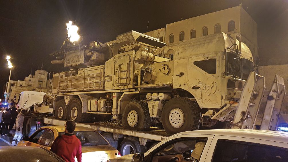 The damaged Pantsir-S1 that was captured at Al-Watiyah Air Base was paraded in Tripoli on 20 May.  (Ahmud Turkia/AFP via Getty Images)