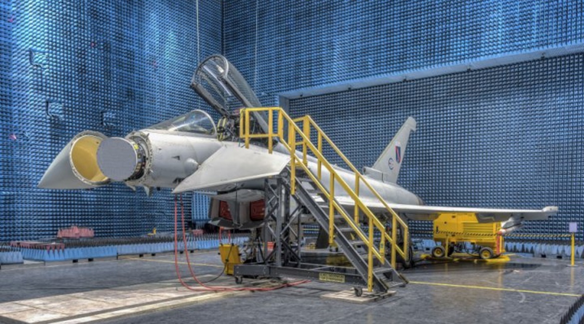 A Eurofighter with a Captor-E radar displayed in the open nose. Hensoldt will now lead an effort to upgrade the current Radar 0 into the Radar 1 for the German and Spanish air forces.
