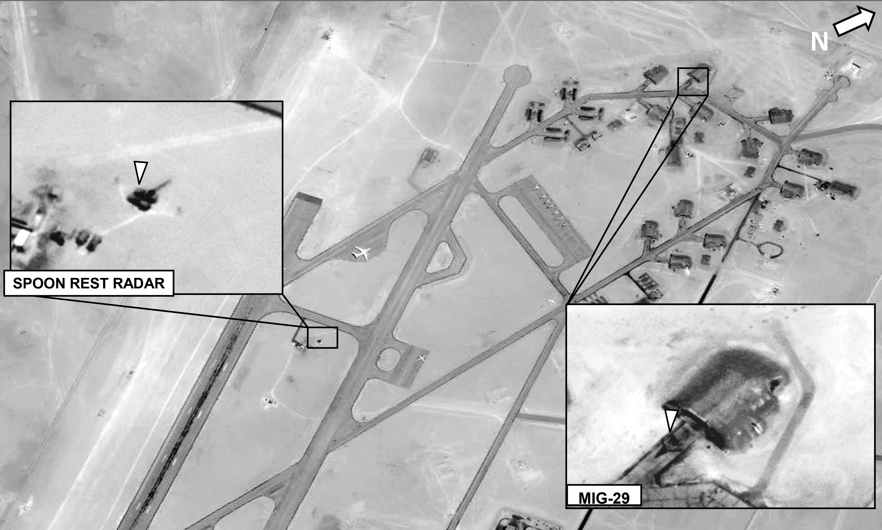 An overhead image released by AFRICOM on 18 June shows a ‘Spoon Rest’ radar and a MiG-29 at Libya’s Al-Jufrah Air Base. (US Africa Command)