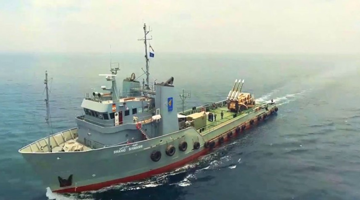 A video still showing the 3 Khordad system on the afterdeck of 
        
        .