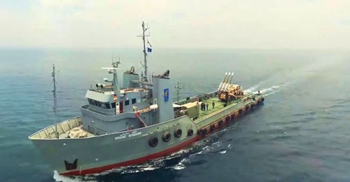 A video still showing the 3 Khordad system on the afterdeck of 
        
        .