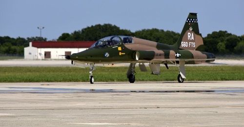 A Northrop T-38C Talon taxis after landing at Joint Base San Antonio-Randolph, Texas, on 17 May 2018. The US Air Force wants to use the Reforge proof of concept to revolutionise advanced flight training, which is currently performed in the T-38C.