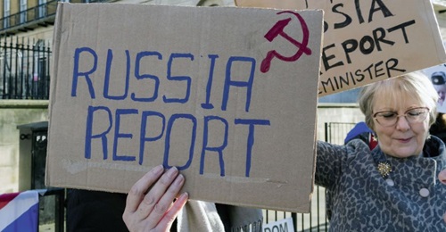 Anti-Brexit protesters urge UK Prime Minister Boris Johnson to release the Intelligence and Security Committee report examining Russian infiltration in British politics on 18 January 2020 in London.
