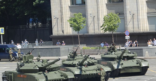 A trio of Russia's MBTs participated in the Victory Day parade in Moscow on 24 June: the T-90M Proryv (Breakthrough) tank (left), the T-72B3M obr. 2016 (centre), and the T-80BVM (right).