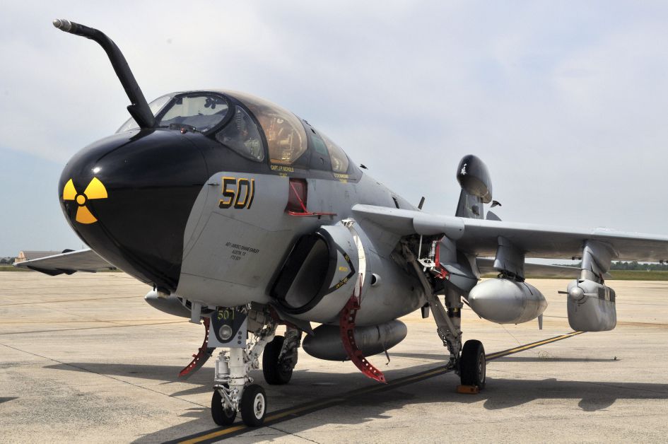 A USMC EA-6B Prowler on display on 15 May 2013. The platform is one of the US Navy’s two best performing aircraft in fixed-wing depot maintenance, finishing on average one day ahead of schedule over the past five years. The USMC retired the Prowler in 2019. (US Navy)