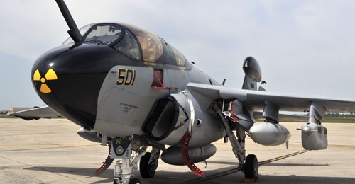 A USMC EA-6B Prowler on display on 15 May 2013. The platform is one of the US Navy's two best performing aircraft in fixed-wing depot maintenance, finishing on average one day ahead of schedule over the past five years. The USMC retired the Prowler in ...
