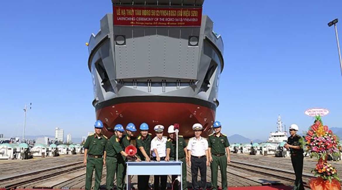 The third 57 m landing ship on order for the People's Army of Vietnam Navy, seen here at its launch ceremony.