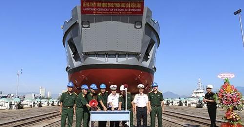 The third 57 m landing ship on order for the People's Army of Vietnam Navy, seen here at its launch ceremony.