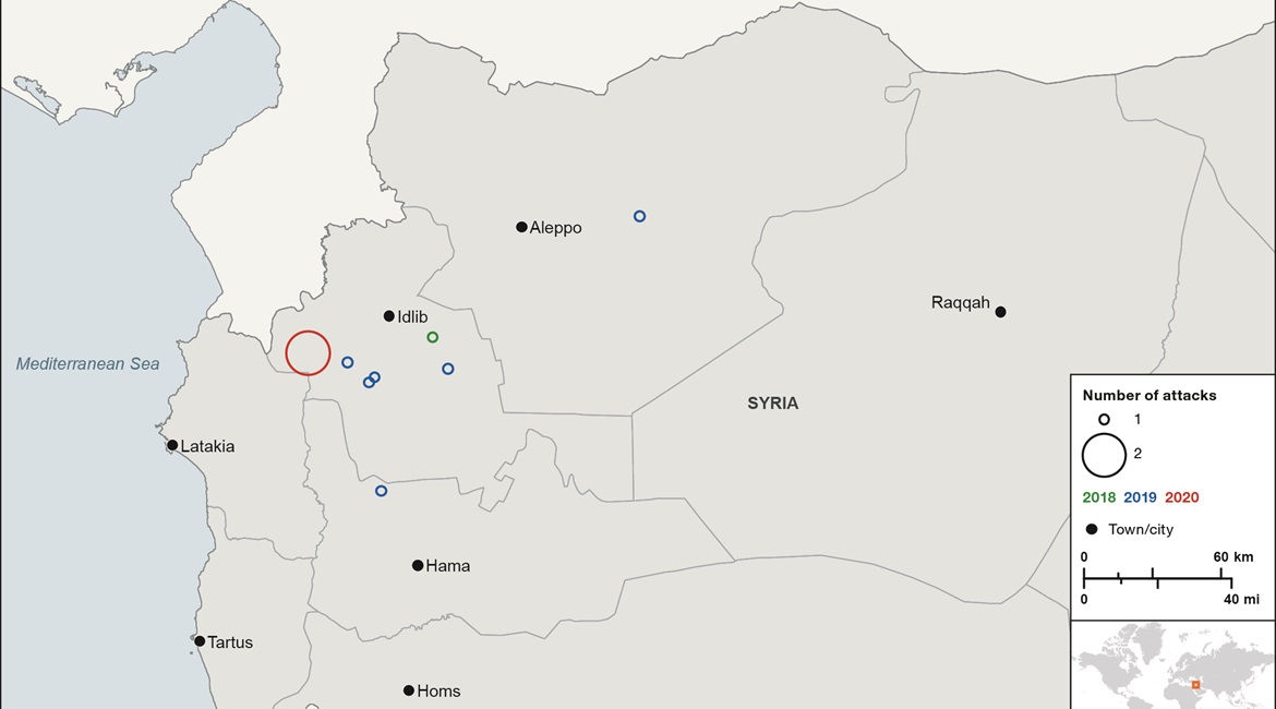 A map depicting incidents of clashes between THD and HTS across northwestern Syria between February 2018 and June 2020.