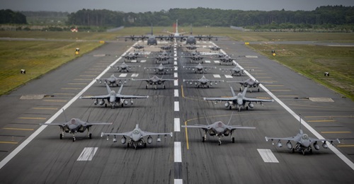 On 22 June 12 USAF F-16CM Fighting Falcons, 12 JASDF F-35As, two USN EA-18G Growlers, a USN C-12 Huron, two USAF MC-130J Commando II and a USN P-8 Poseidon aircraft, along with a JASDF CH-47 Chinook helicopter, participated in the first bilateral 'elep...