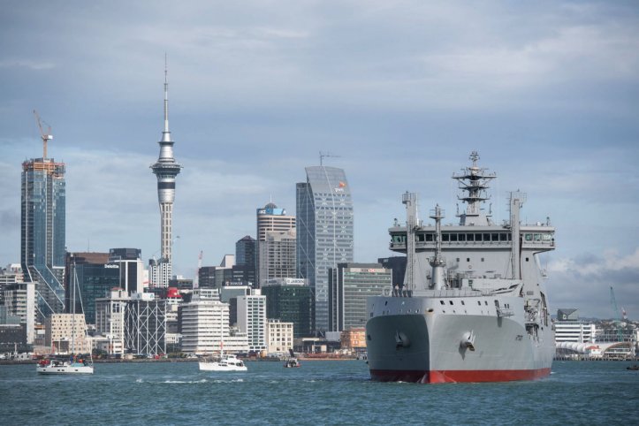 Aotearoa
        , the RNZN’s new fleet tanker/replenishment vessel, sailed into Auckland Harbour on 26 June following a 15-day journey from the South Korean coastal city of Ulsan.
       (RNZN)