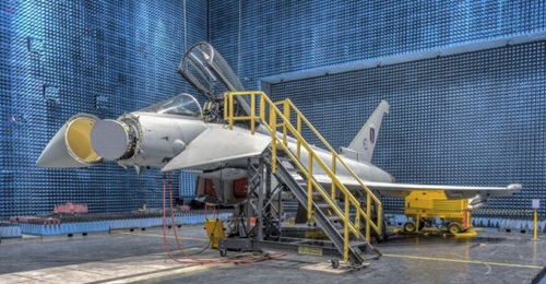 A Eurofighter with a Captor-E radar displayed in the open nose. Airbus has been contracted to develop and integrate an upgraded version for the German and Spanish air forces.