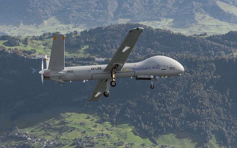 A Hermes 900 MALE UAV during pre-selection trials in Switzerland. The PAF said in late June it is expecting delivery later this year of the final six of nine Hermes 900s ordered from Israel’s Elbit Systems. (Armasuisse)