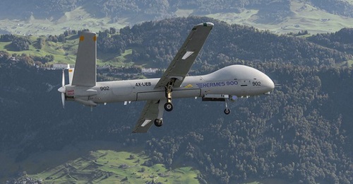 A Hermes 900 MALE UAV during pre-selection trials in Switzerland. The PAF said in late June it is expecting delivery later this year of the final six of nine Hermes 900s ordered from Israel's Elbit Systems.