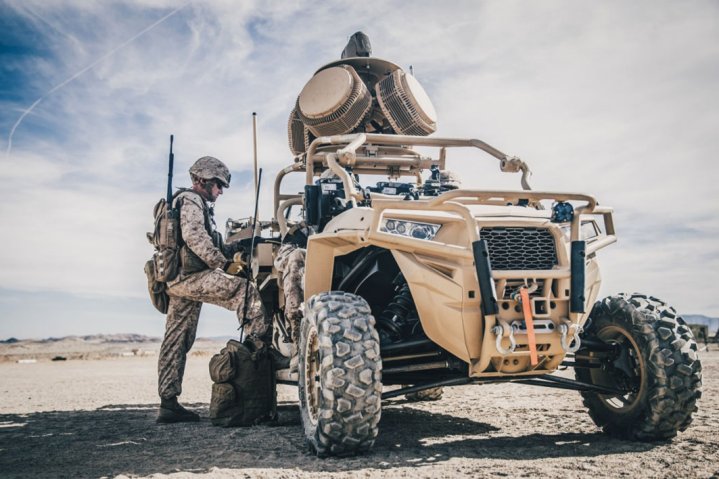 1st Lieutenant Taylor Barefoot programs a C-UAS on a Light Marine Air Defense Integrated System (LMADIS) during a predeployment training exercise at Marine Corps Air Ground Combat Center Twentynine Palms, California in 2018. This system, and future versions, will be used by all the services as the mounted/mobile C-sUAS. (USMC)
