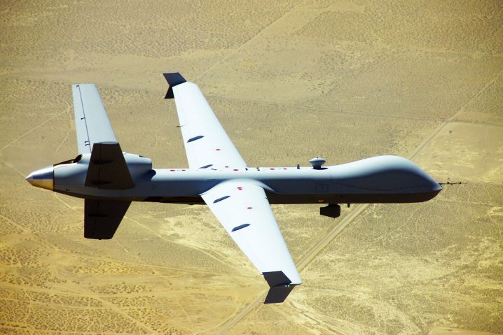 A General Atomics Aeronautical Systems Inc (GA-ASI) MQ-9 Reaper Block 5 UAV flies near the company’s Gray Butte Flight Operations Center in Palmdale, California, in 2014. The company has developed and demonstrated expanded automatic take-off and landing capability (ATLC) enhancements for the platform. (GA-ASI)