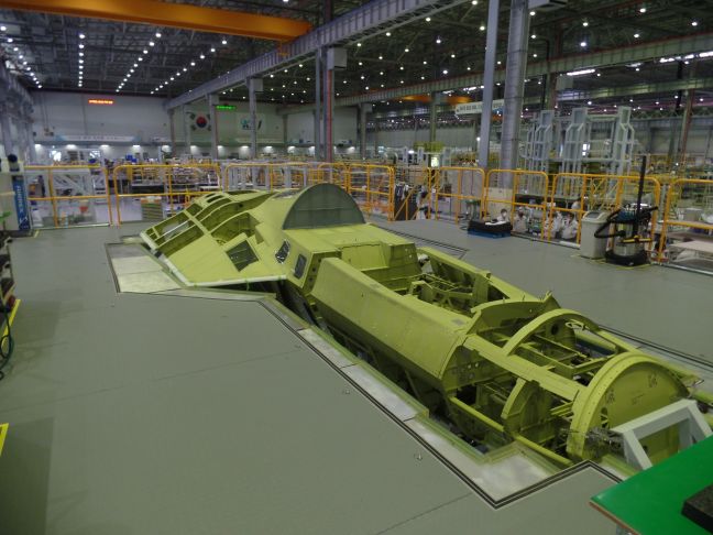 An image showing the fuselage of the first KF-X prototype at KAI’s assembly facility in Sacheon. The company has revealed that it plans to roll out the first protype aircraft in April 2021.  (KAI)