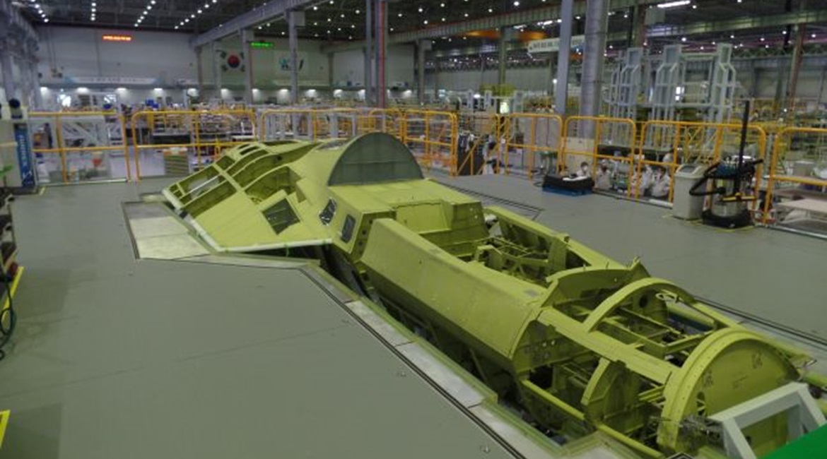 An image showing the fuselage of the first KF-X prototype at KAI's assembly facility in Sacheon. The company has revealed that it plans to roll out the first protype aircraft in April 2021.