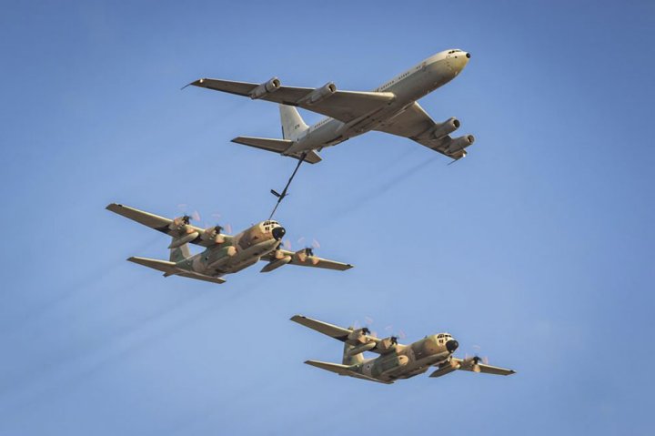 An Israeli 707 tanker offloads fuel to a pair of C-130H Hercules transport aircraft. Since at least 2010, Israel has sourced its aviation and other defence fuel requirements from the United States via the Foreign Military Sales route. (Israeli Air Force)