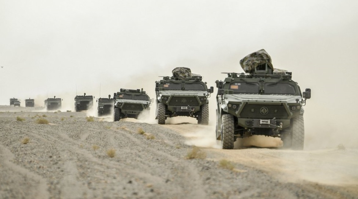 Chinese military vehicles attached to an artillery brigade under the PLA's 74th Group Army photographed at an undisclosed location on 7 June. Among the vehicles are Dongfeng Mengshi CSK181 4×4 armoured vehicles (front) and several units of the new...
