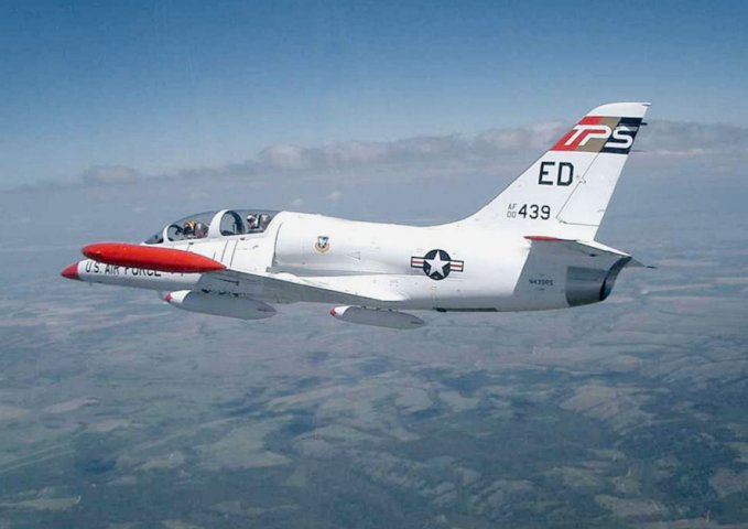 A L-39 in US Air Force colours in a 2003 photo. Under a contract recently awarded by DARPA for Ace Combat Evolution, Calspan will modify up to four L-39s to implement and demonstrate advanced human machine interfaces and artificial intelligence algorithms. (US Air Force)
