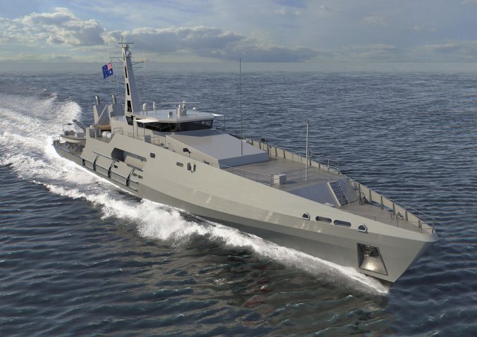 A computer-generated image of the ‘evolved’ Cape-class patrol boat. It will be equipped with an integrated communications system from Rohde & Schwarz.  (Austal)