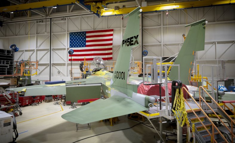 The first of an initial eight F-15EX seen being built at Boeing’s St Louis facility in Missouri. The USAF has plans to buy as many as 144 of these aircraft over the coming years. (US Air Force)