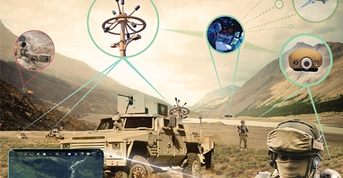 An informational graphic by Raytheon depicting integration of the Boomerang shot detection programme with the US Army's Android Team Awareness Kit.